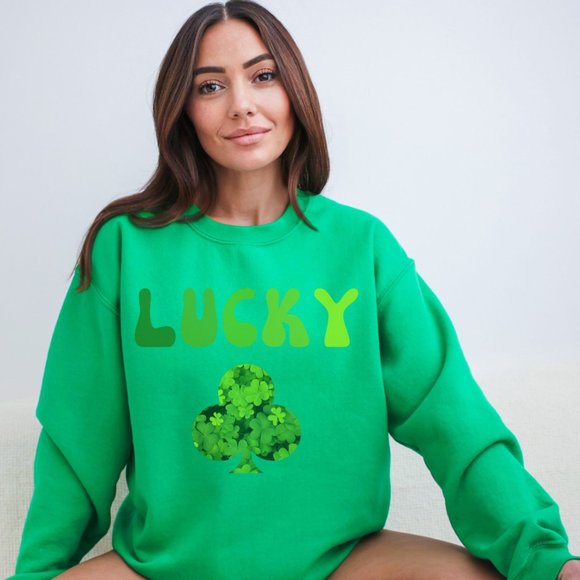 Shamrock Lucky Saint Patric's Day College Sweatshirt Green Sweater Clover - Picture 5 of 11